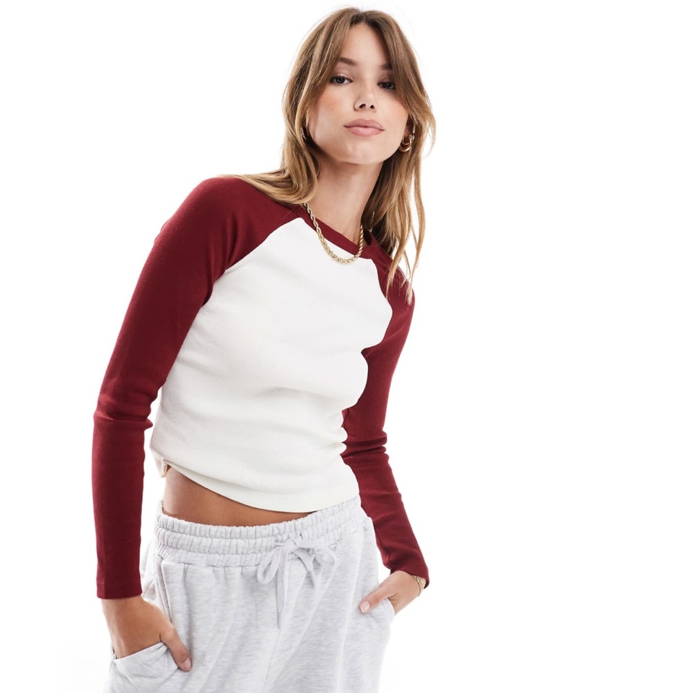 ASOS❣️raglan long sleeve top in burgundy and cream
